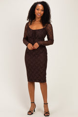 Brown Lace Long Sleeve Midi Dress