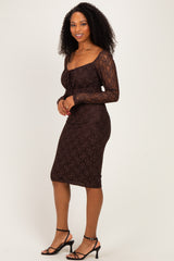 Brown Lace Long Sleeve Midi Dress