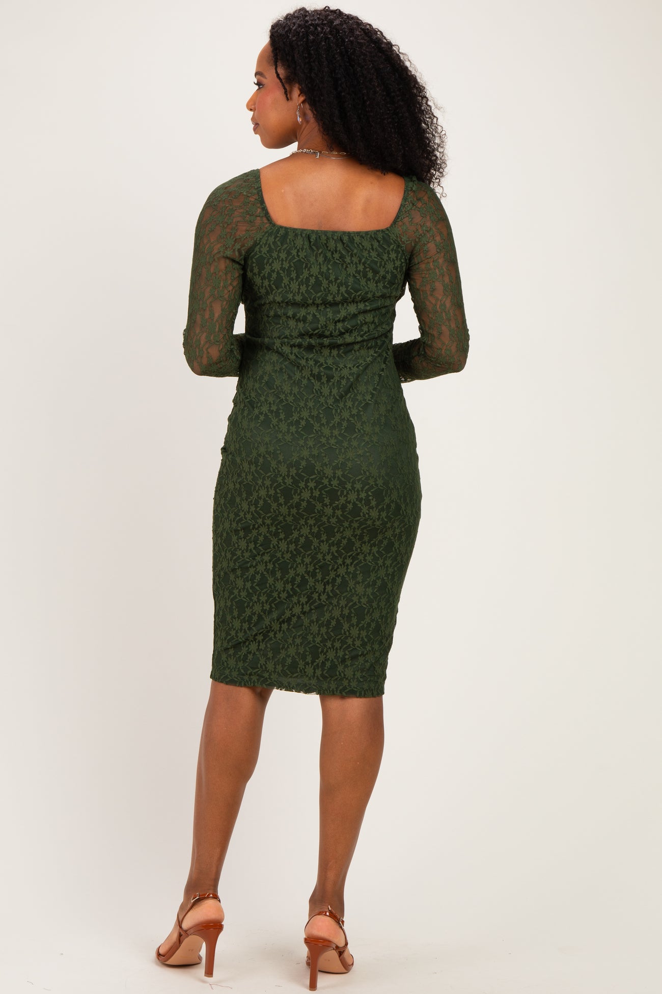 Olive Lace Long Sleeve Midi Dress