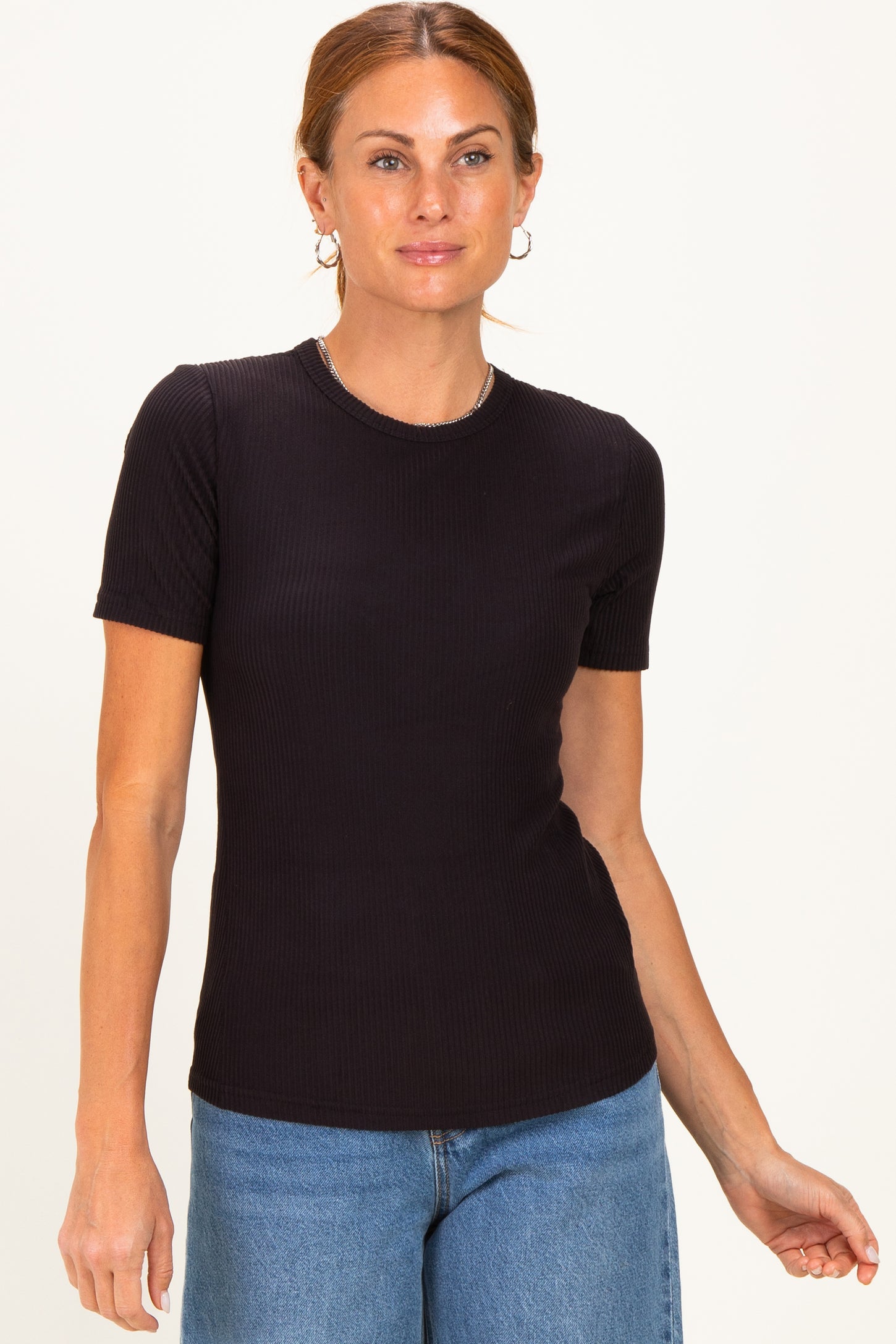 Black Brushed Ribbed Knit Crewneck Tee