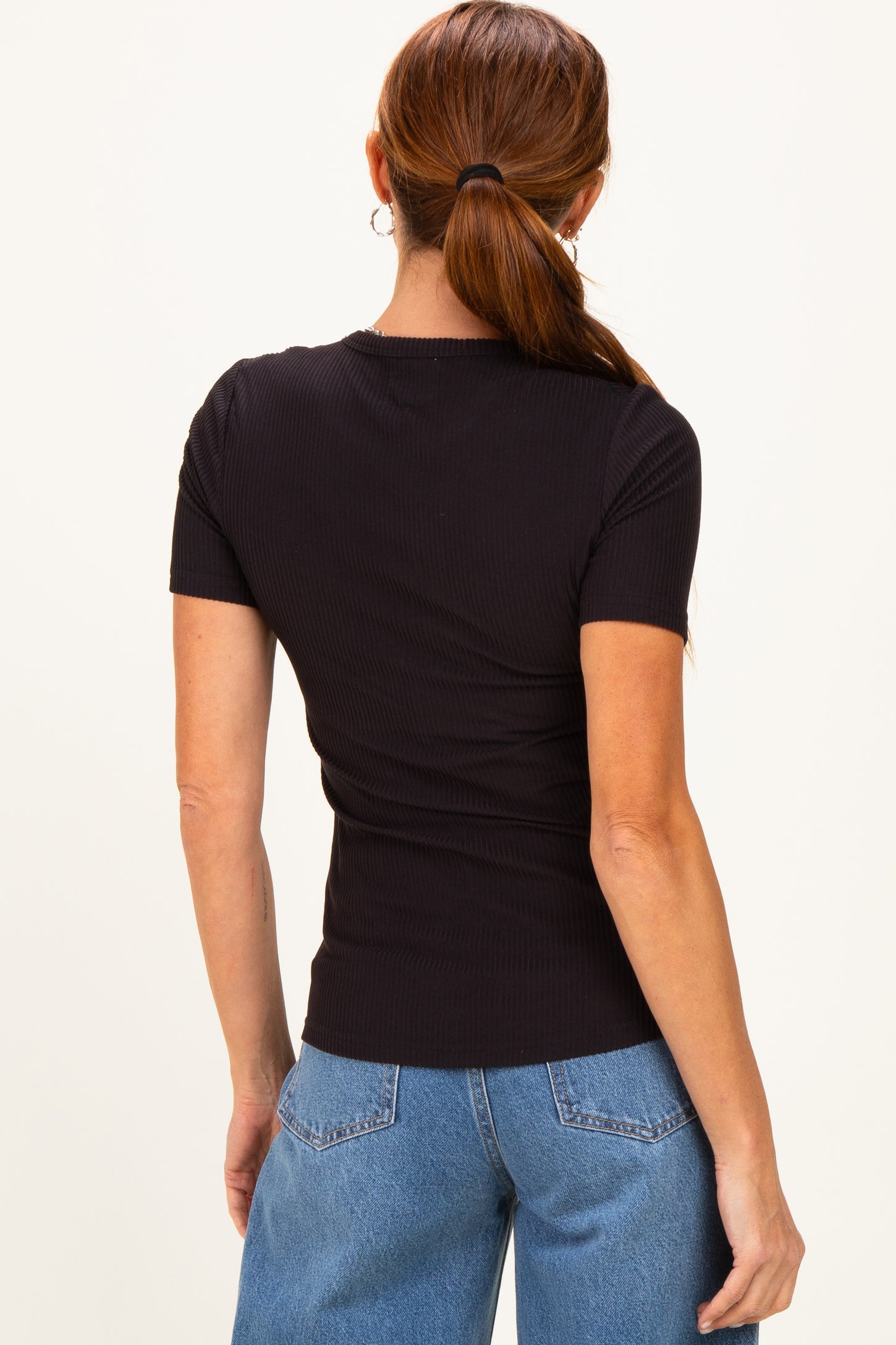 Black Brushed Ribbed Knit Crewneck Tee