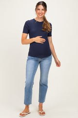 Navy Brushed Ribbed Knit Maternity Crewneck Tee