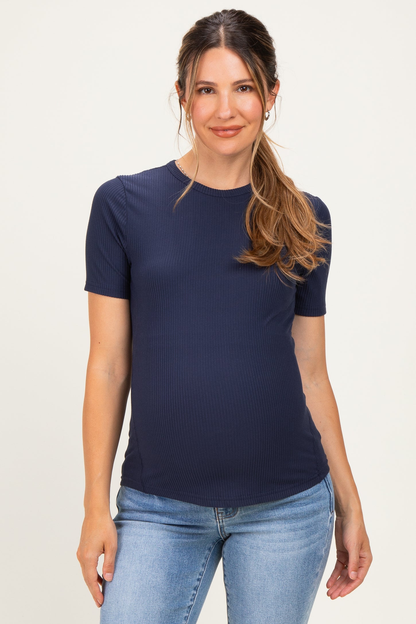 Navy Brushed Ribbed Knit Maternity Crewneck Tee