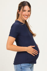 Navy Brushed Ribbed Knit Maternity Crewneck Tee
