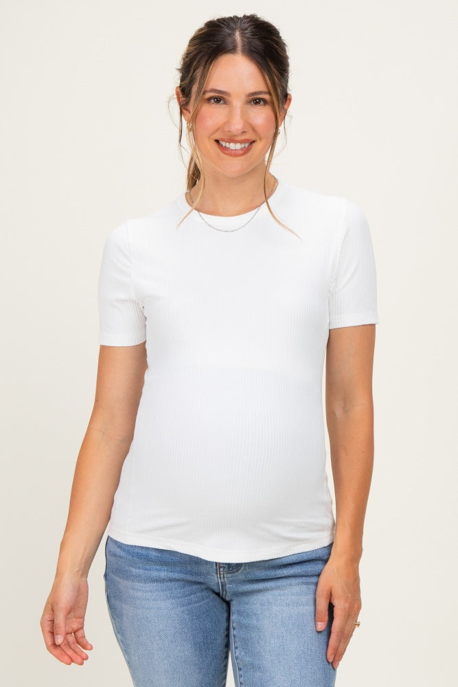 Off White Brushed Ribbed Knit Maternity Crewneck Tee