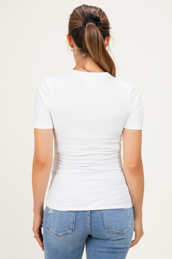 Off White Brushed Ribbed Knit Maternity Crewneck Tee