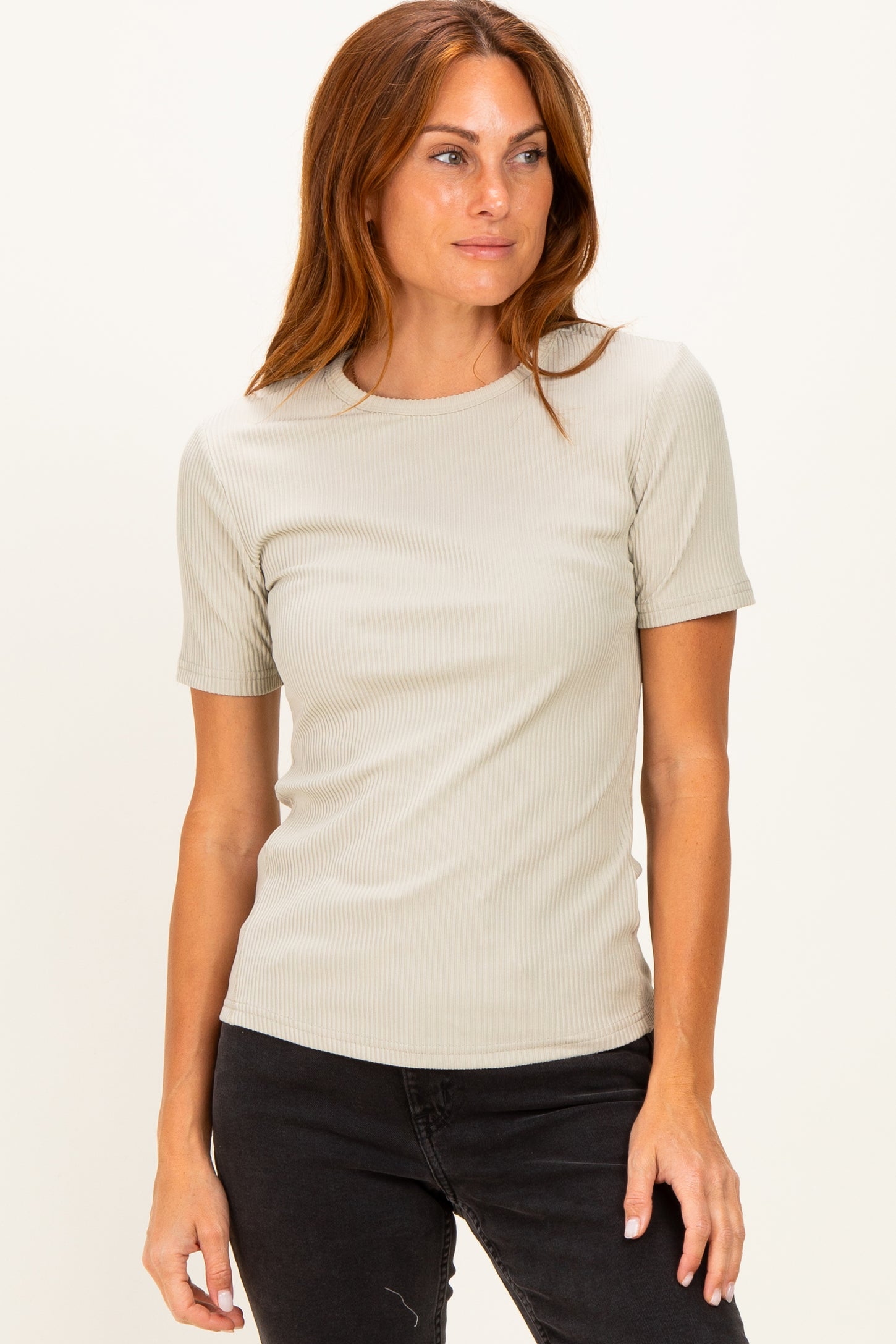 Sage Brushed Ribbed Knit Maternity Crewneck Tee