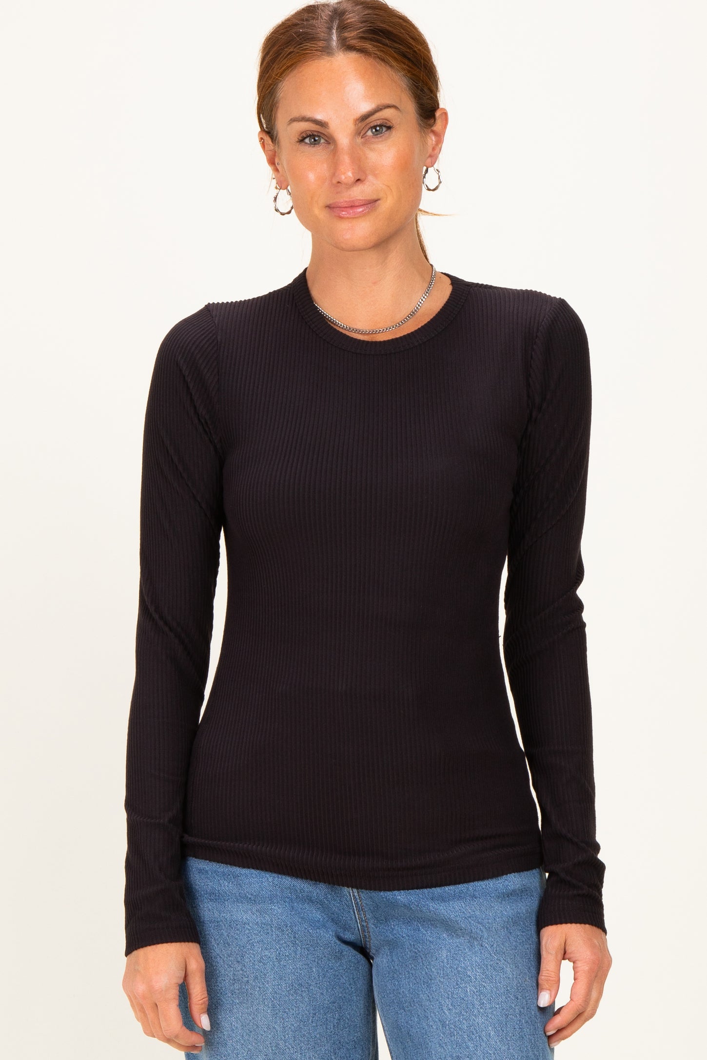 Black Brushed Rib Knit Long Sleeve Top