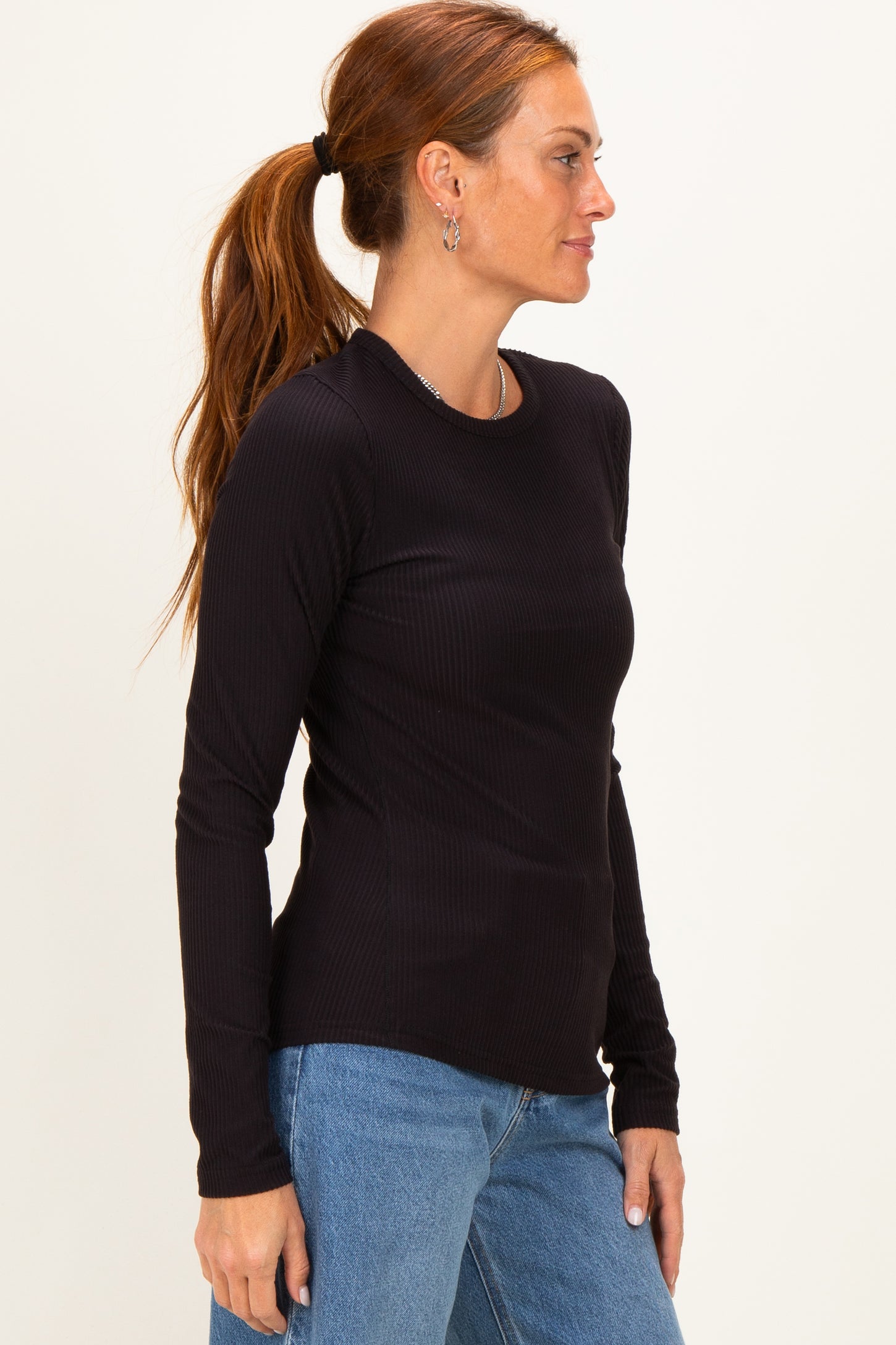 Black Brushed Rib Knit Long Sleeve Top