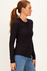 Black Brushed Rib Knit Long Sleeve Top