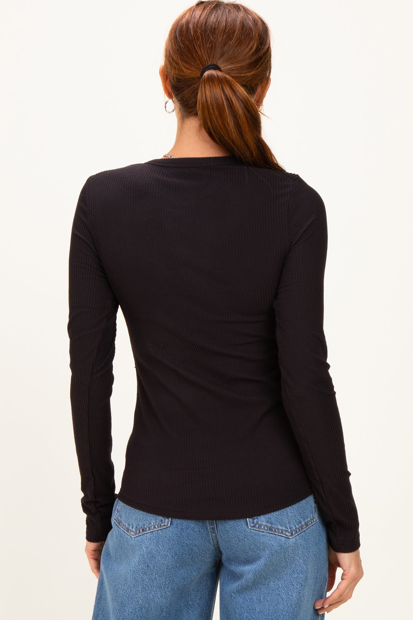 Black Brushed Rib Knit Long Sleeve Top