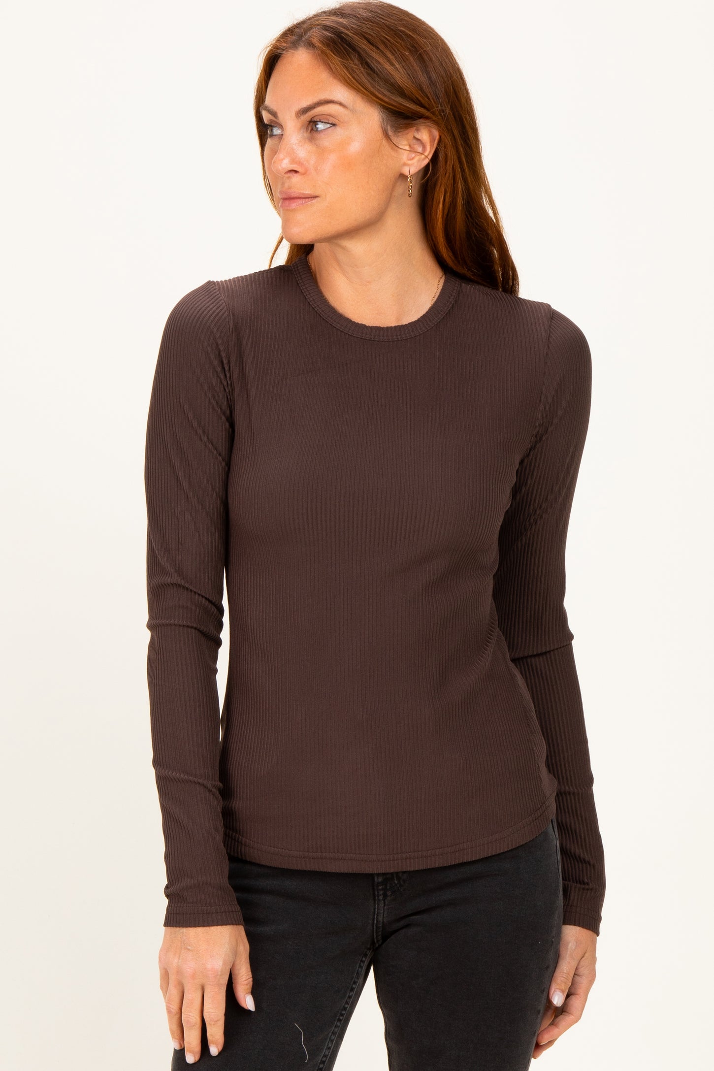 Brown Brushed Rib Knit Long Sleeve Top