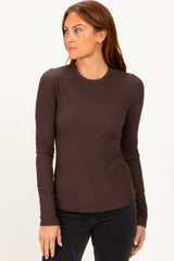 Brown Brushed Rib Knit Long Sleeve Top