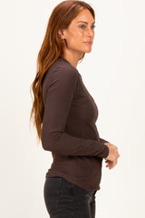 Brown Brushed Rib Knit Long Sleeve Top