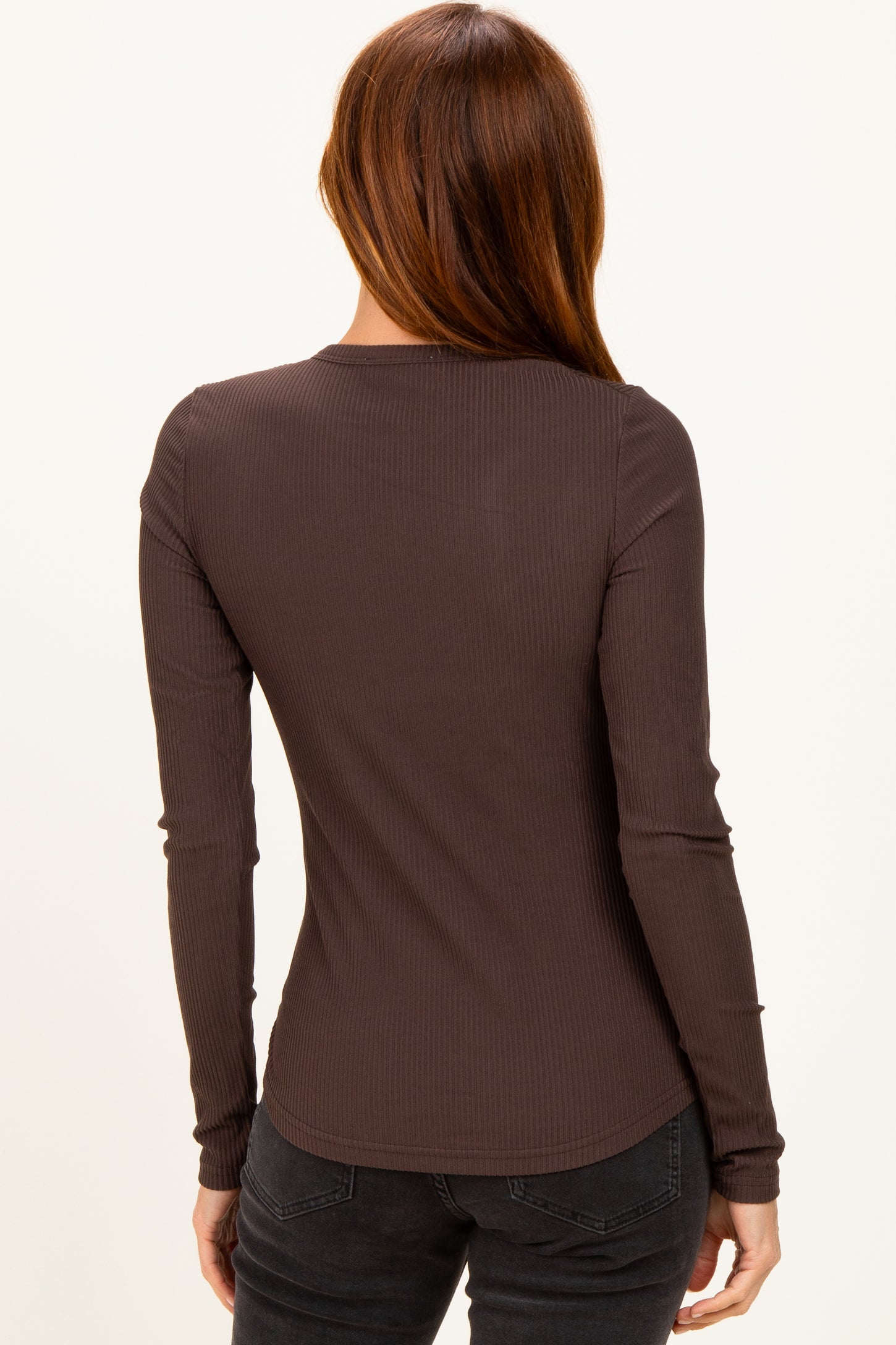 Brown Brushed Rib Knit Long Sleeve Top