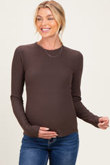 Brown Brushed Rib Knit Maternity Long Sleeve Top