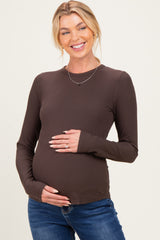 Brown Brushed Rib Knit Maternity Long Sleeve Top