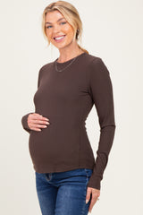 Brown Brushed Rib Knit Maternity Long Sleeve Top