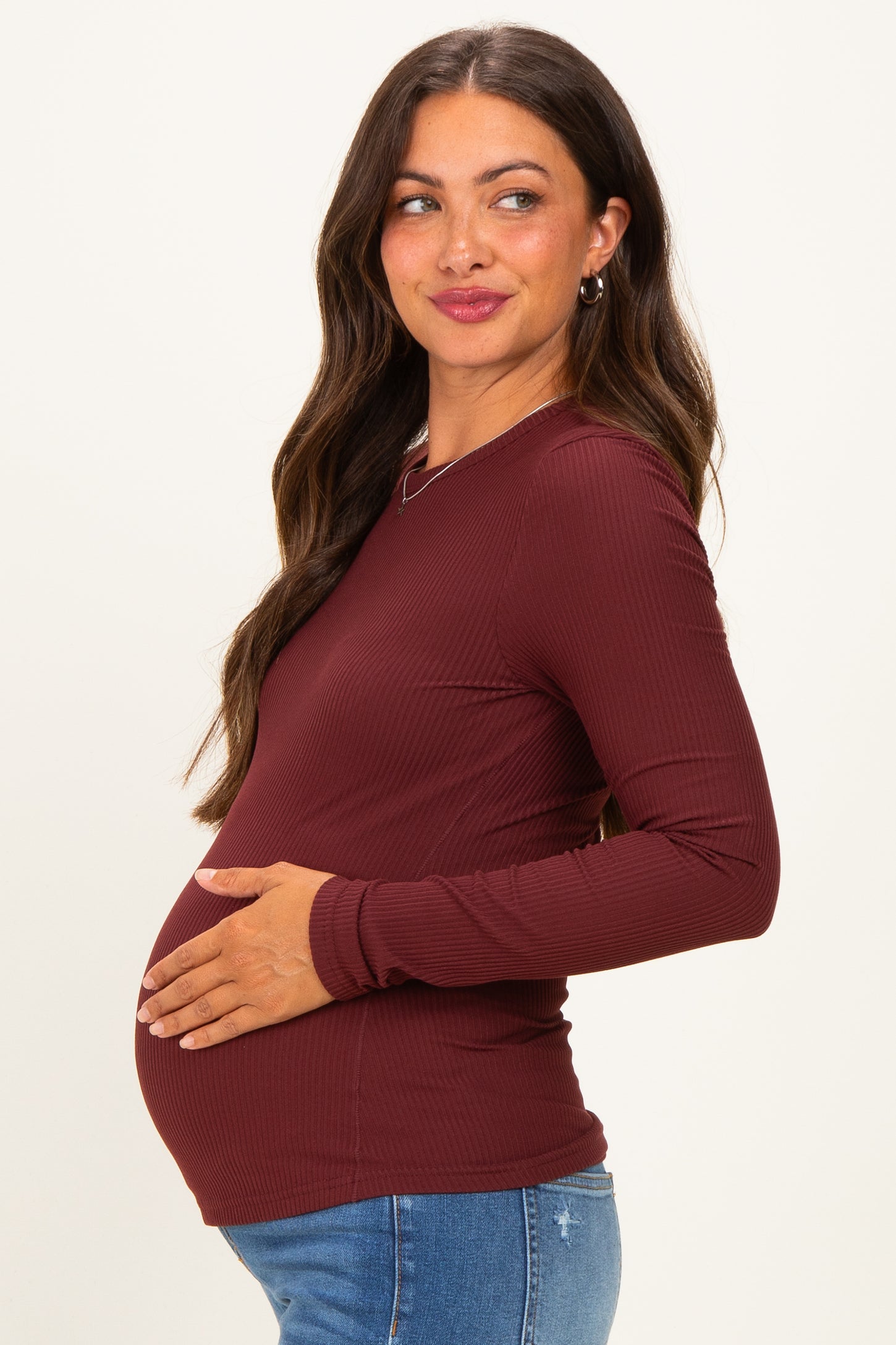Merlot Brushed Rib Knit Maternity Long Sleeve Top