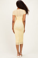 Yellow Sheer Lace Overlay Short Sleeve Midi Dress