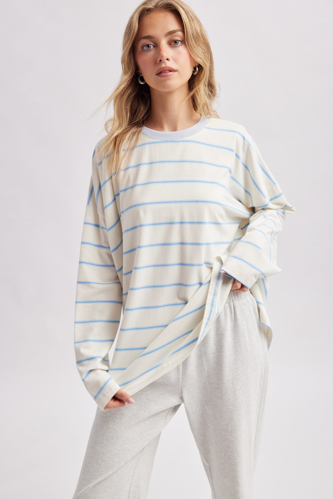 Light Blue Striped Oversized Long Sleeve Top