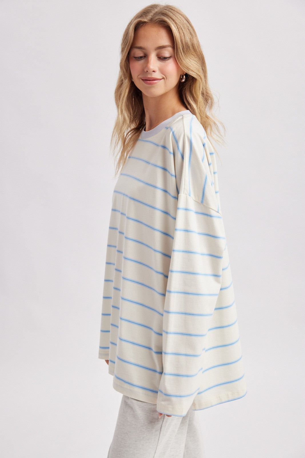 Light Blue Striped Oversized Long Sleeve Top
