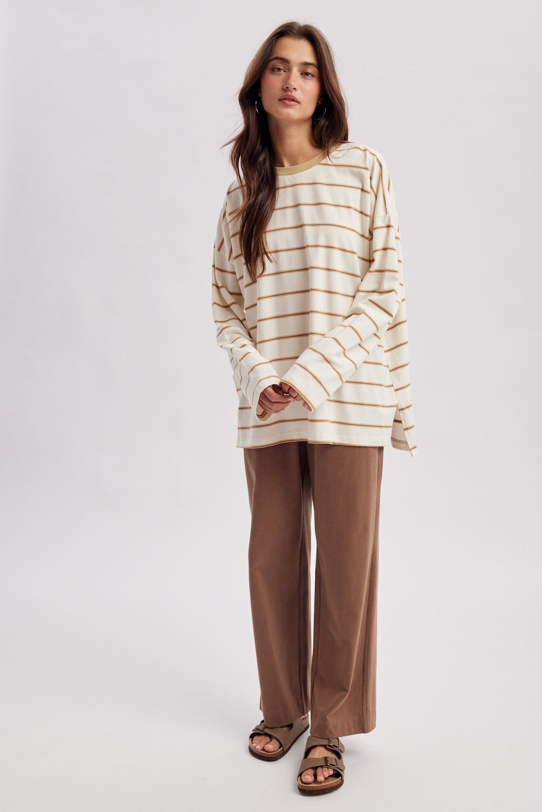 Taupe Striped Oversized Long Sleeve Top