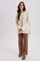 Taupe Striped Oversized Long Sleeve Top