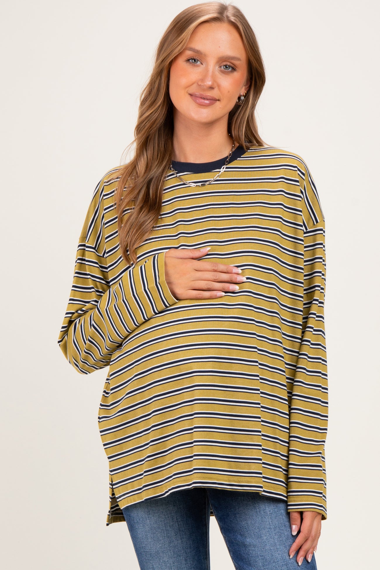 Chartreuse Striped Oversized Crewneck Maternity Long Sleeve Top