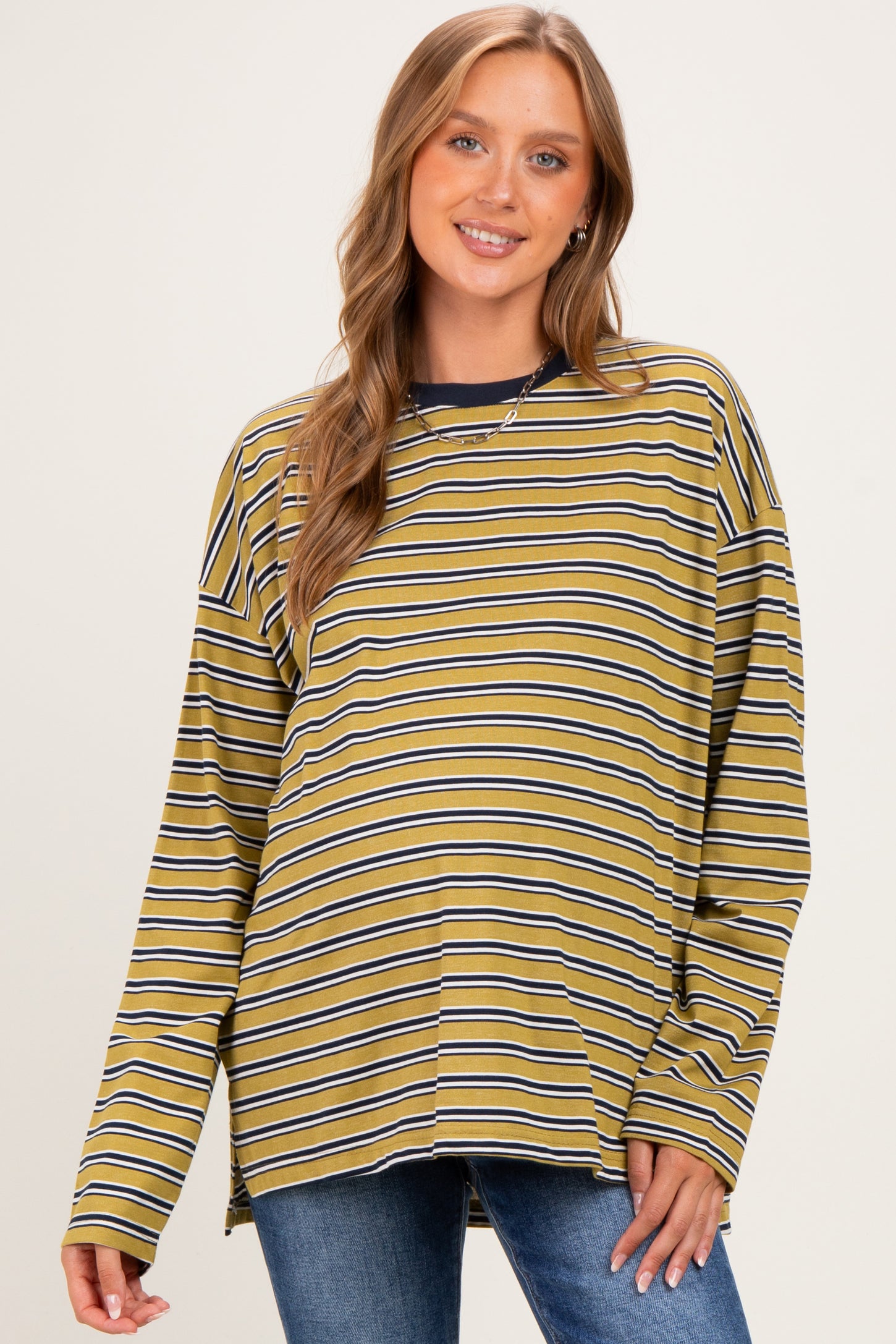Chartreuse Striped Oversized Crewneck Maternity Long Sleeve Top