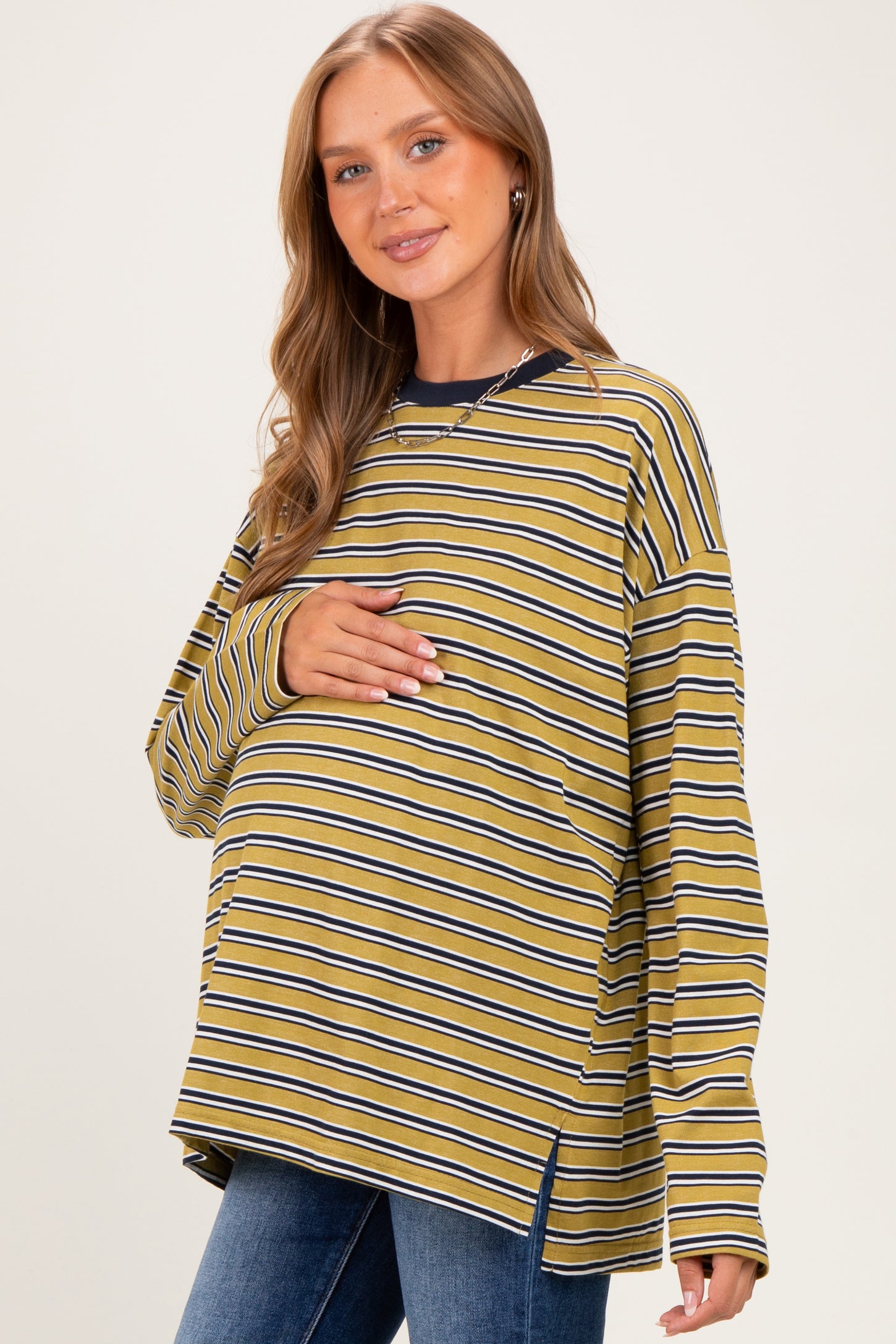 Chartreuse Striped Oversized Crewneck Maternity Long Sleeve Top