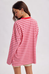 Pink Striped Oversized Crewneck Long Sleeve Top