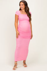 Pink Mesh Ruched Maternity Maxi Dress
