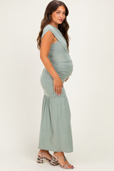 Sage One Shoulder Ruched Maternity Maxi Dress