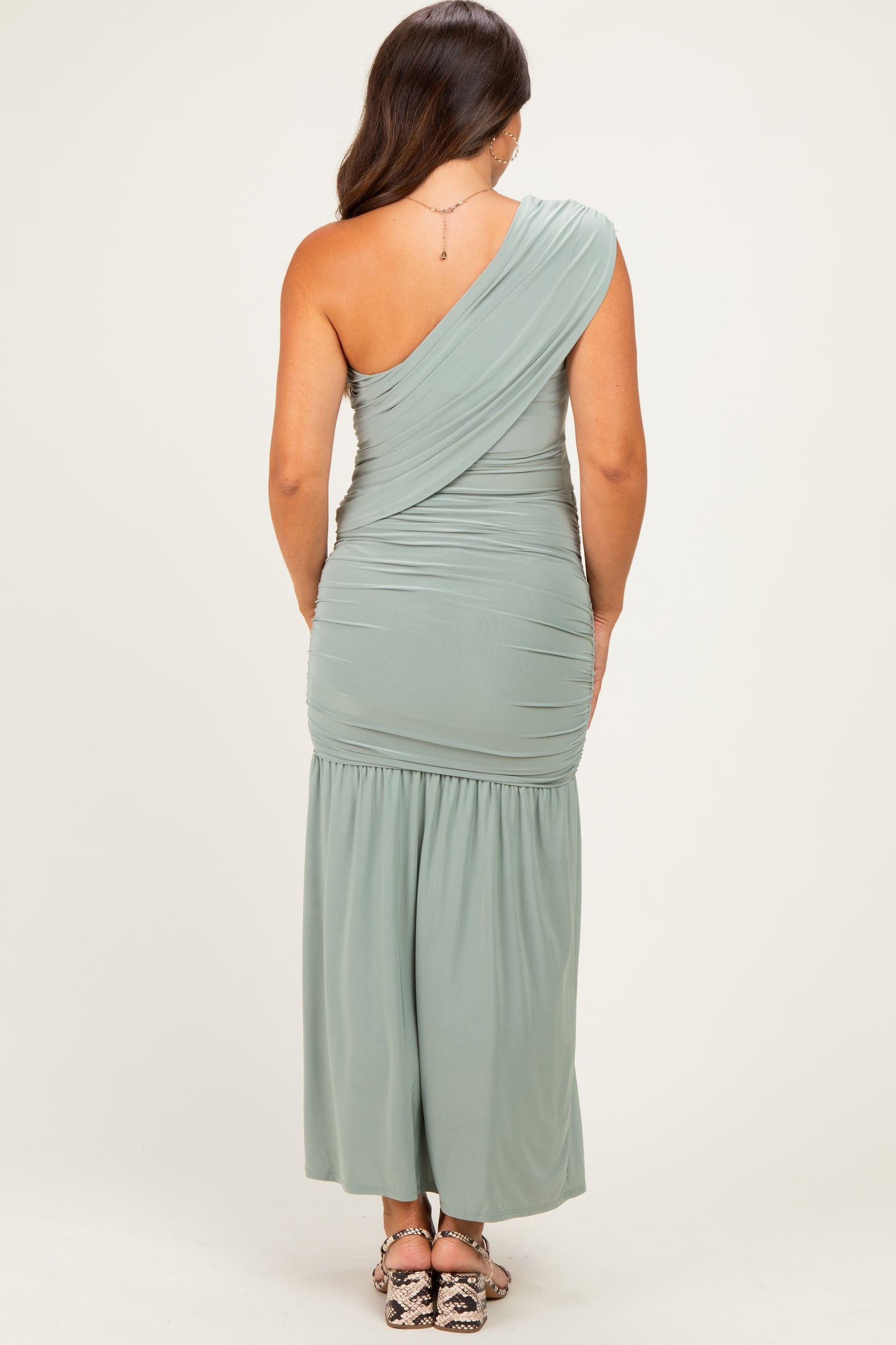 Sage One Shoulder Ruched Maternity Maxi Dress