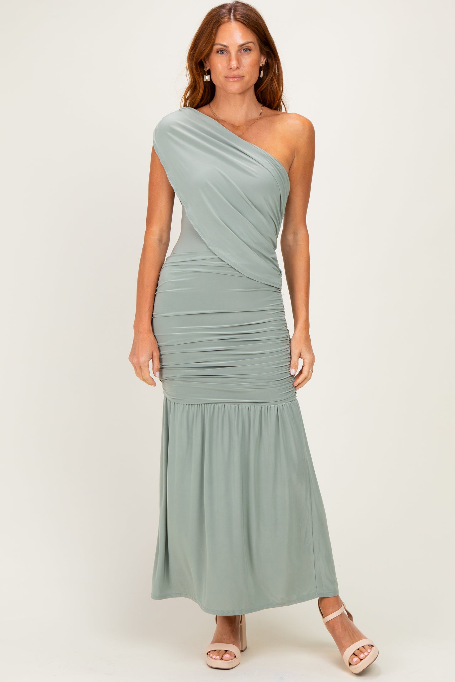 Sage One Shoulder Ruched Maternity Maxi Dress
