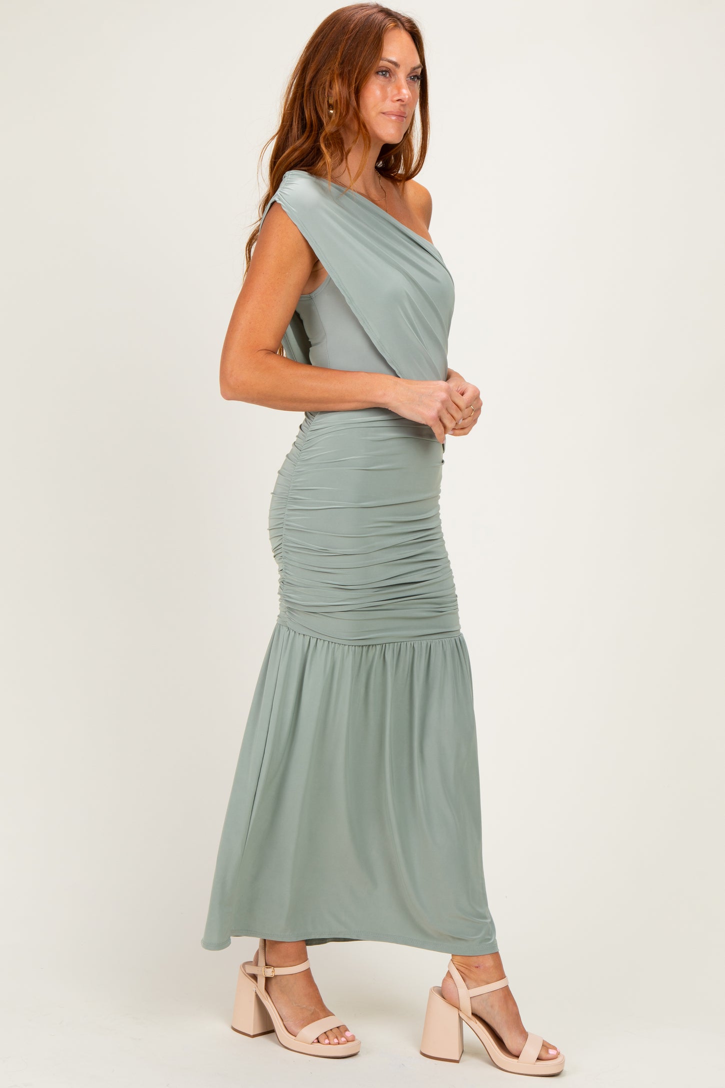 Sage One Shoulder Ruched Maxi Dress