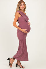 Mauve One Shoulder Ruched Maternity Maxi Dress