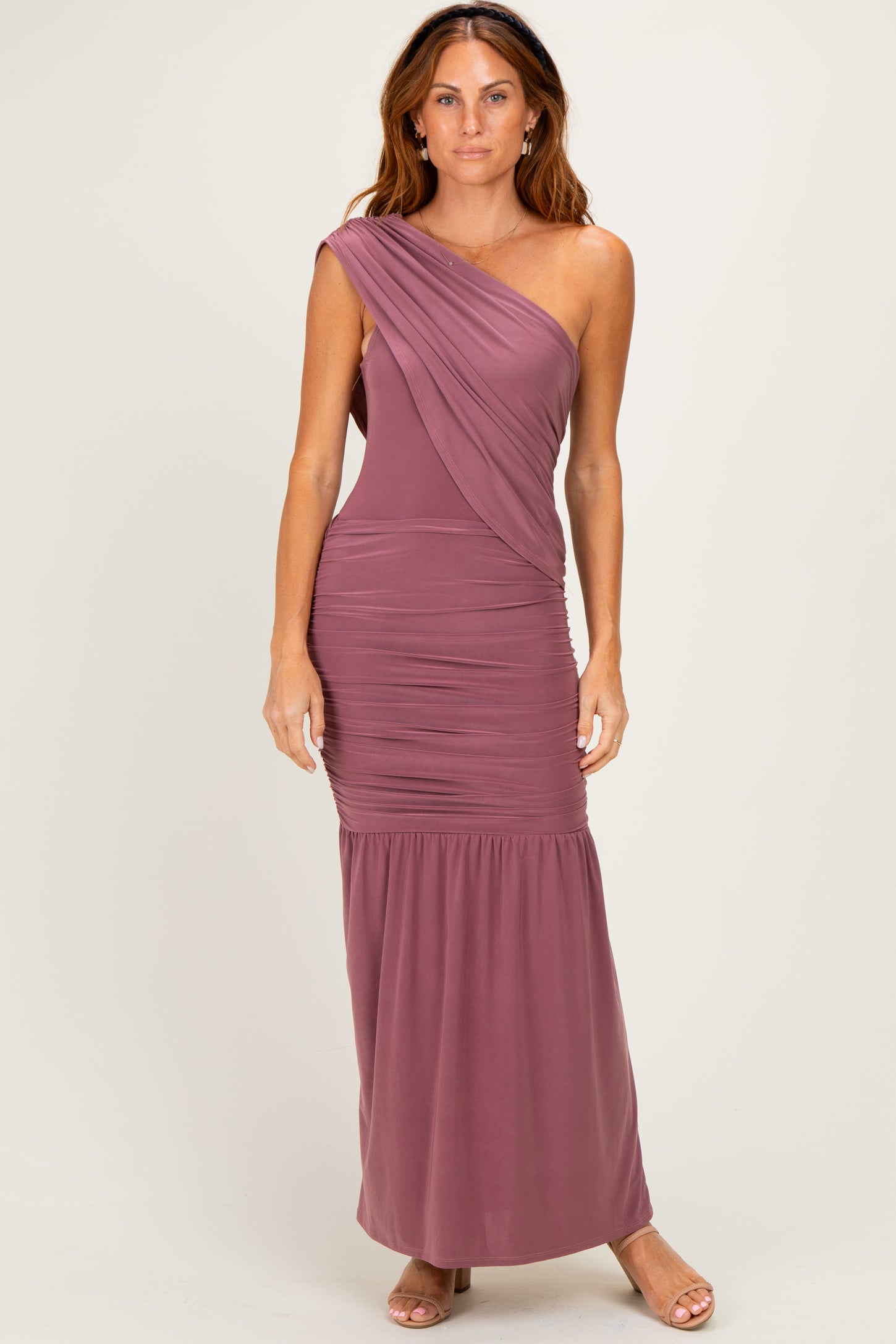 Mauve One Shoulder Ruched Maxi Dress