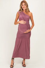 Mauve One Shoulder Ruched Maternity Maxi Dress