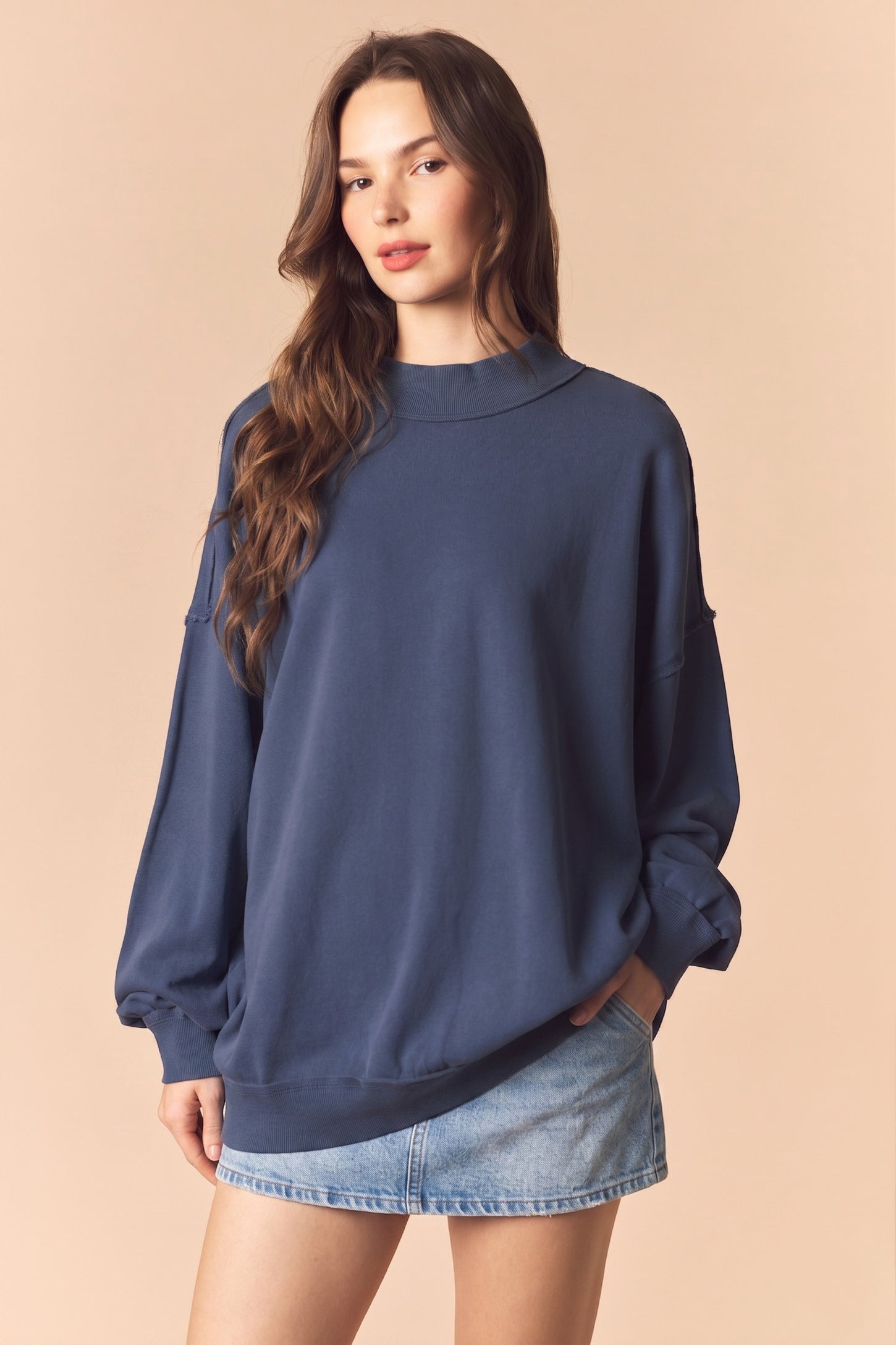Navy Oversized High Neck Sweatshirt