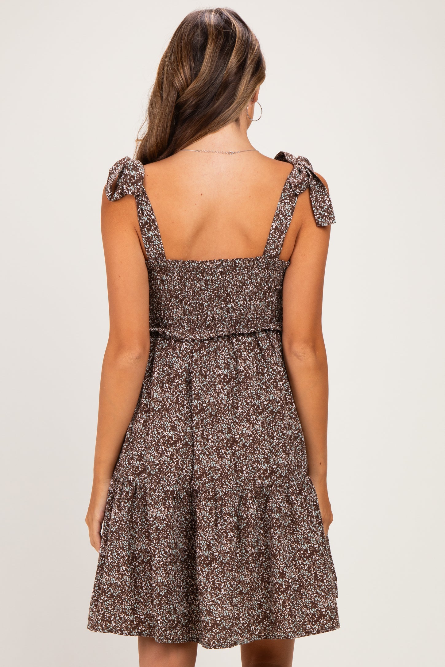Chestnut Floral Smocked Shoulder Tie Maternity Dress