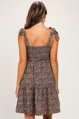 Chestnut Floral Smocked Shoulder Tie Maternity Dress