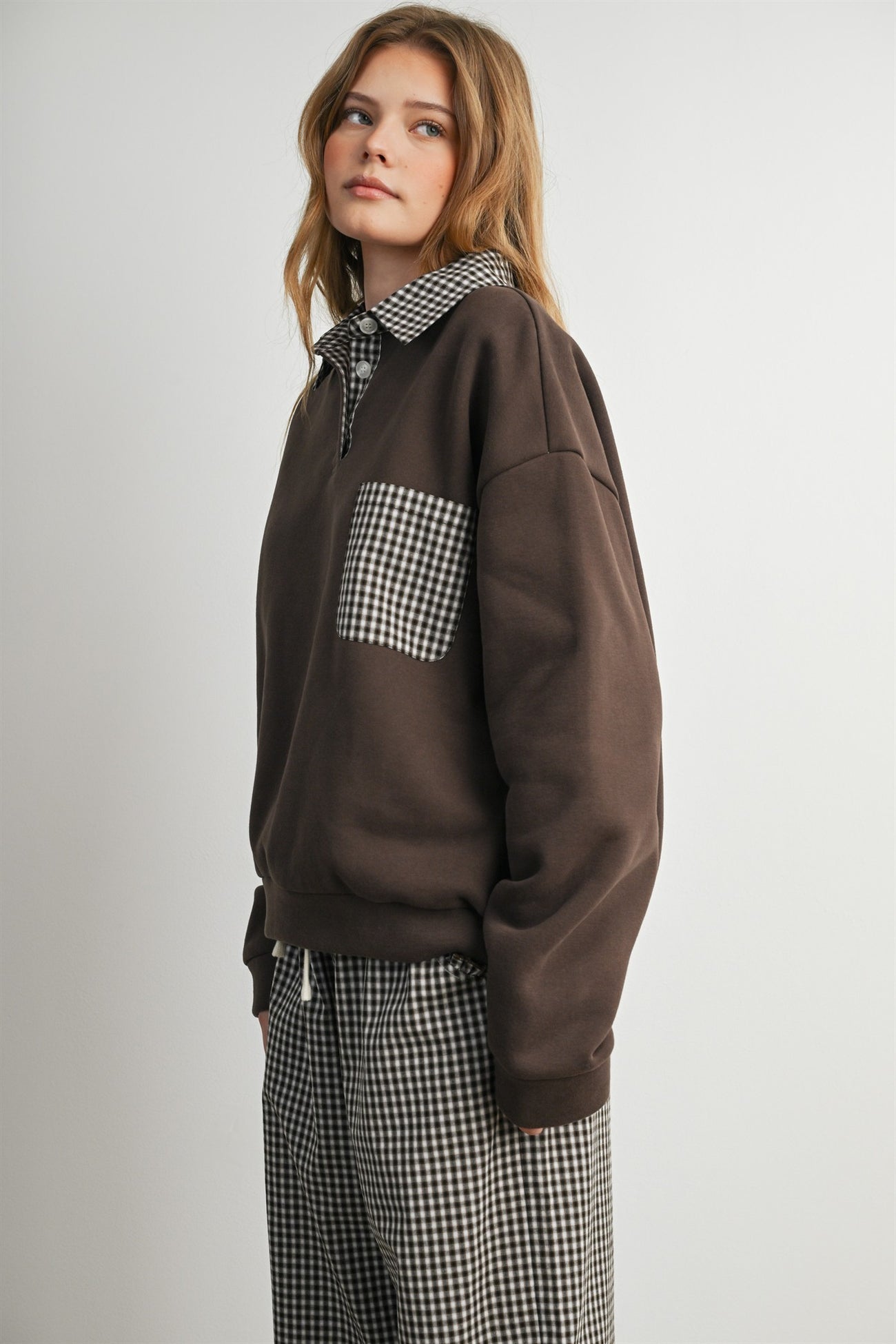 Brown Checker Plaid Collared Sweatshirt