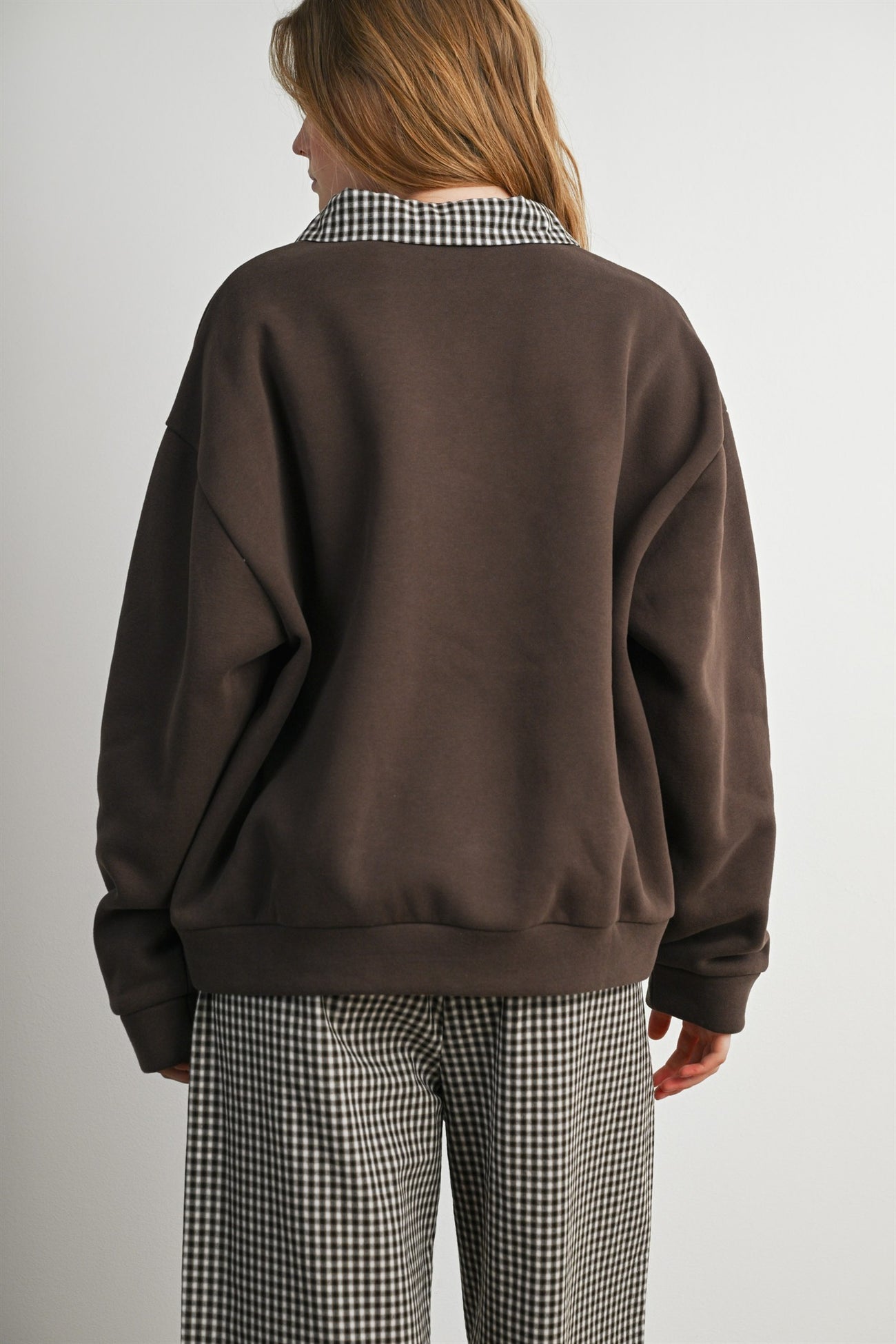 Brown Checker Plaid Collared Sweatshirt
