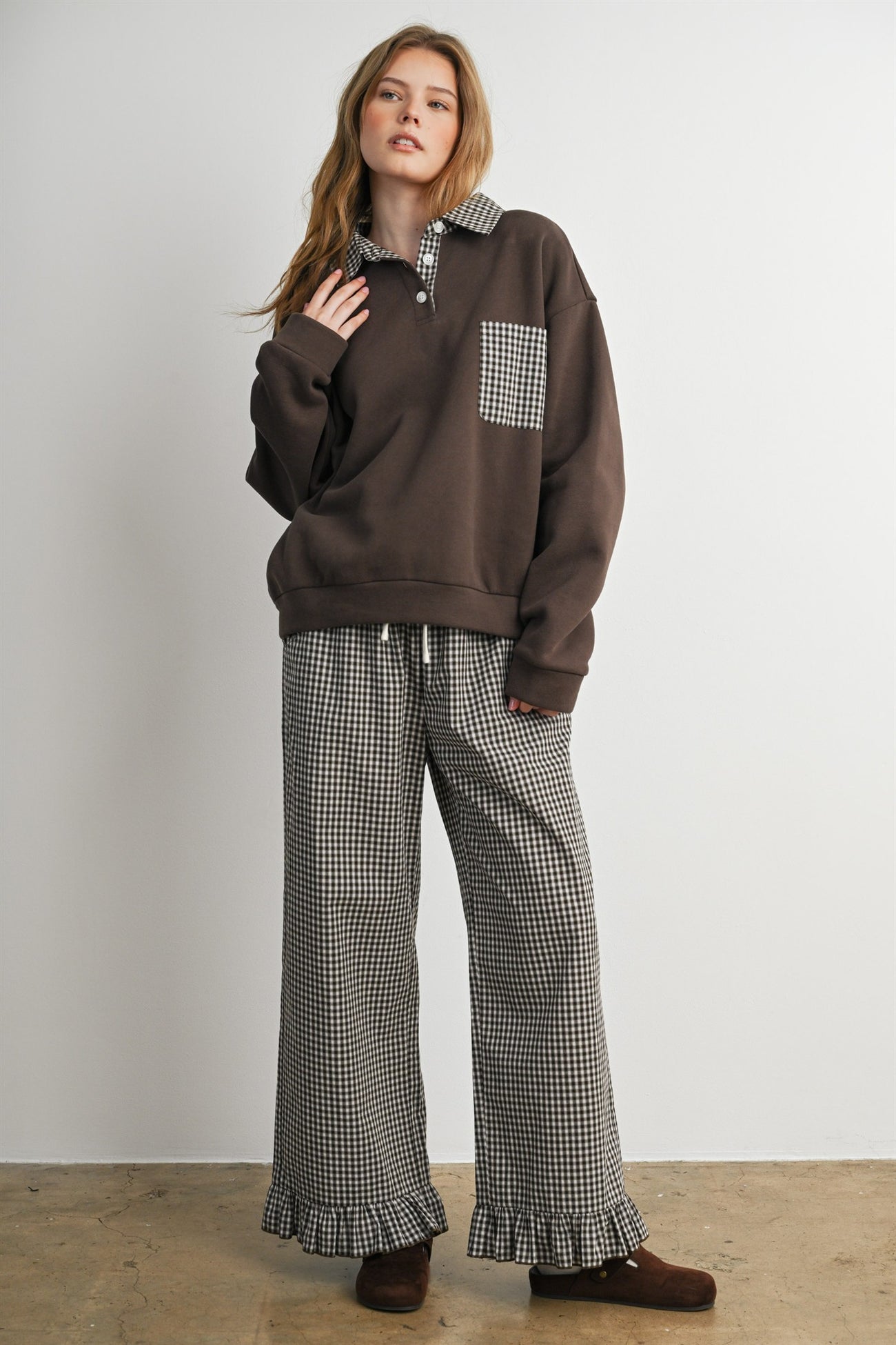 Brown Checker Plaid Collared Sweatshirt
