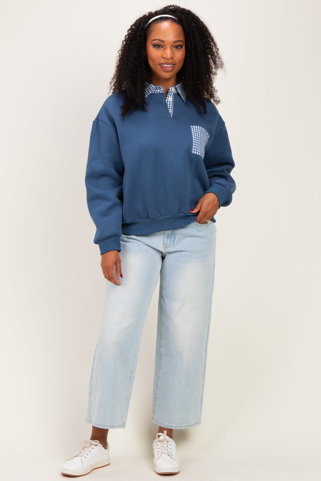 Navy Checker Plaid Collared Sweatshirt