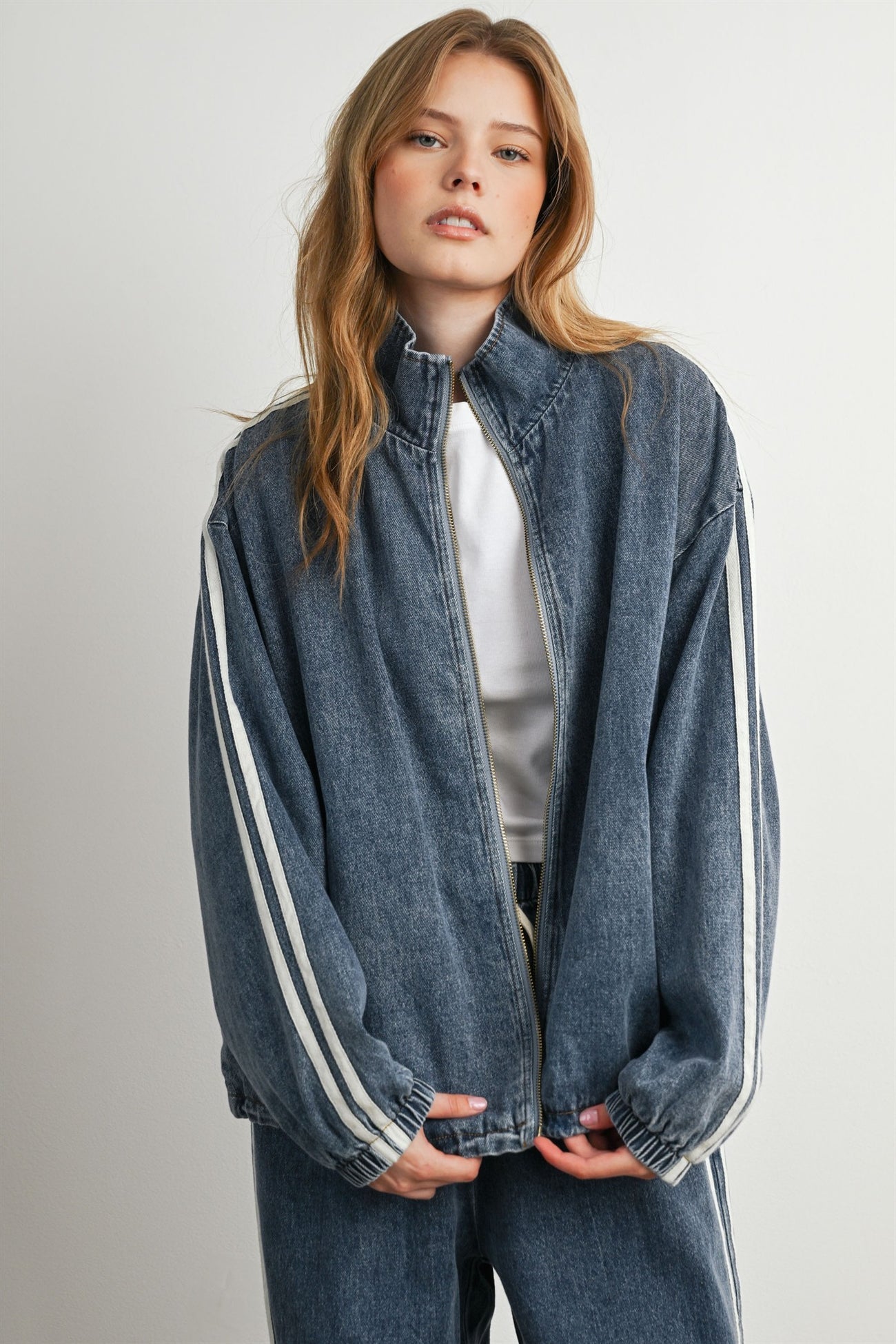 Medium Denim Oversized Zip-Up Maternity Track Jacket