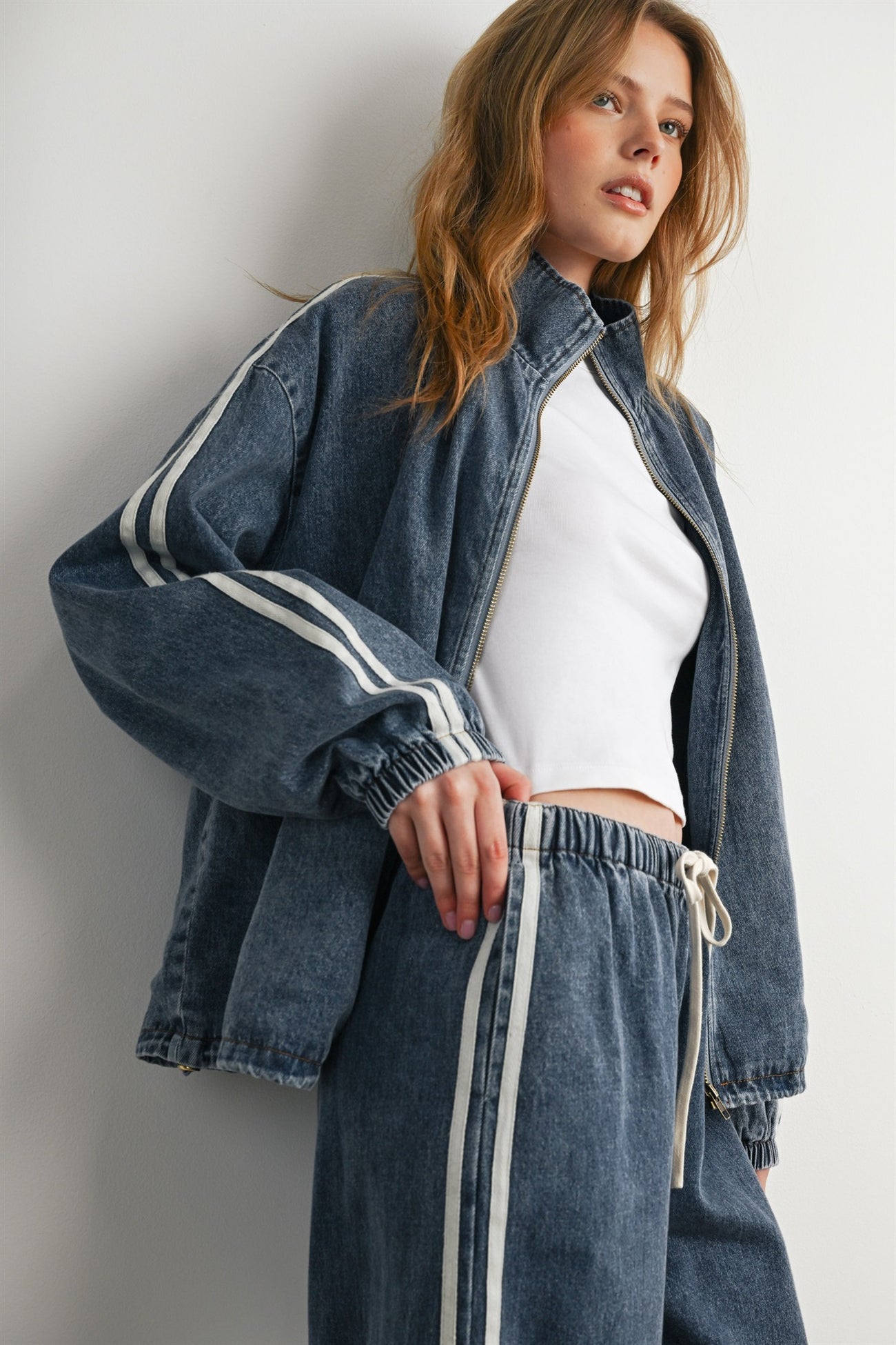 Medium Denim Oversized Zip-Up Track Jacket