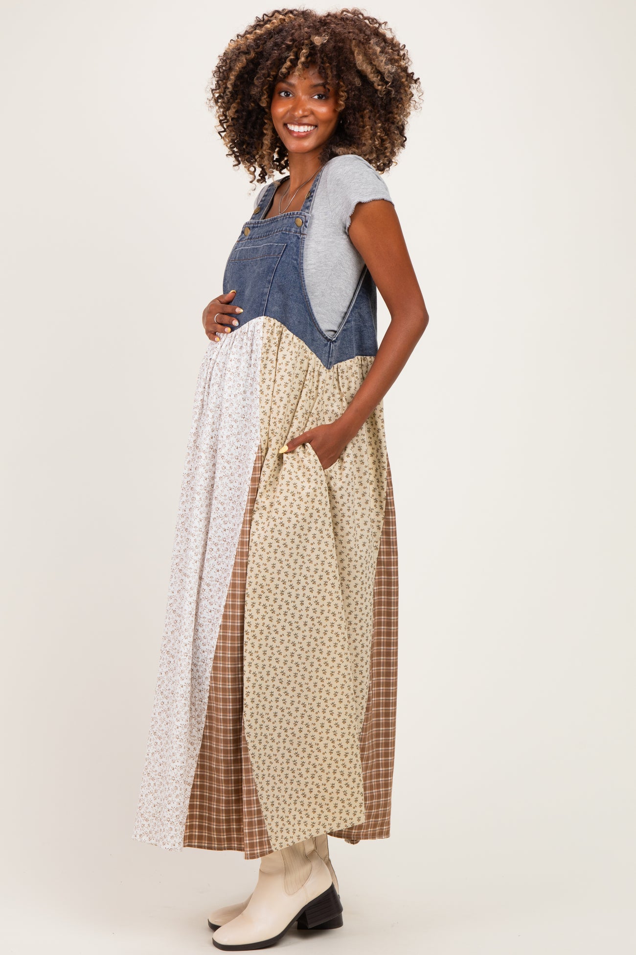 Denim Floral Plaid Maternity Overall Dress